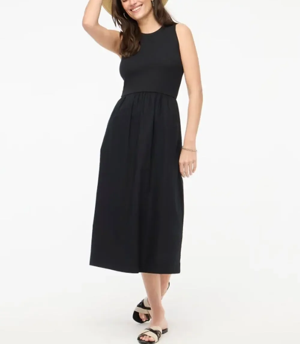 J.Crew Ribbed-Knit Mixy Dress Womens M Black Sleeveless Crew Neck Stretch Midi